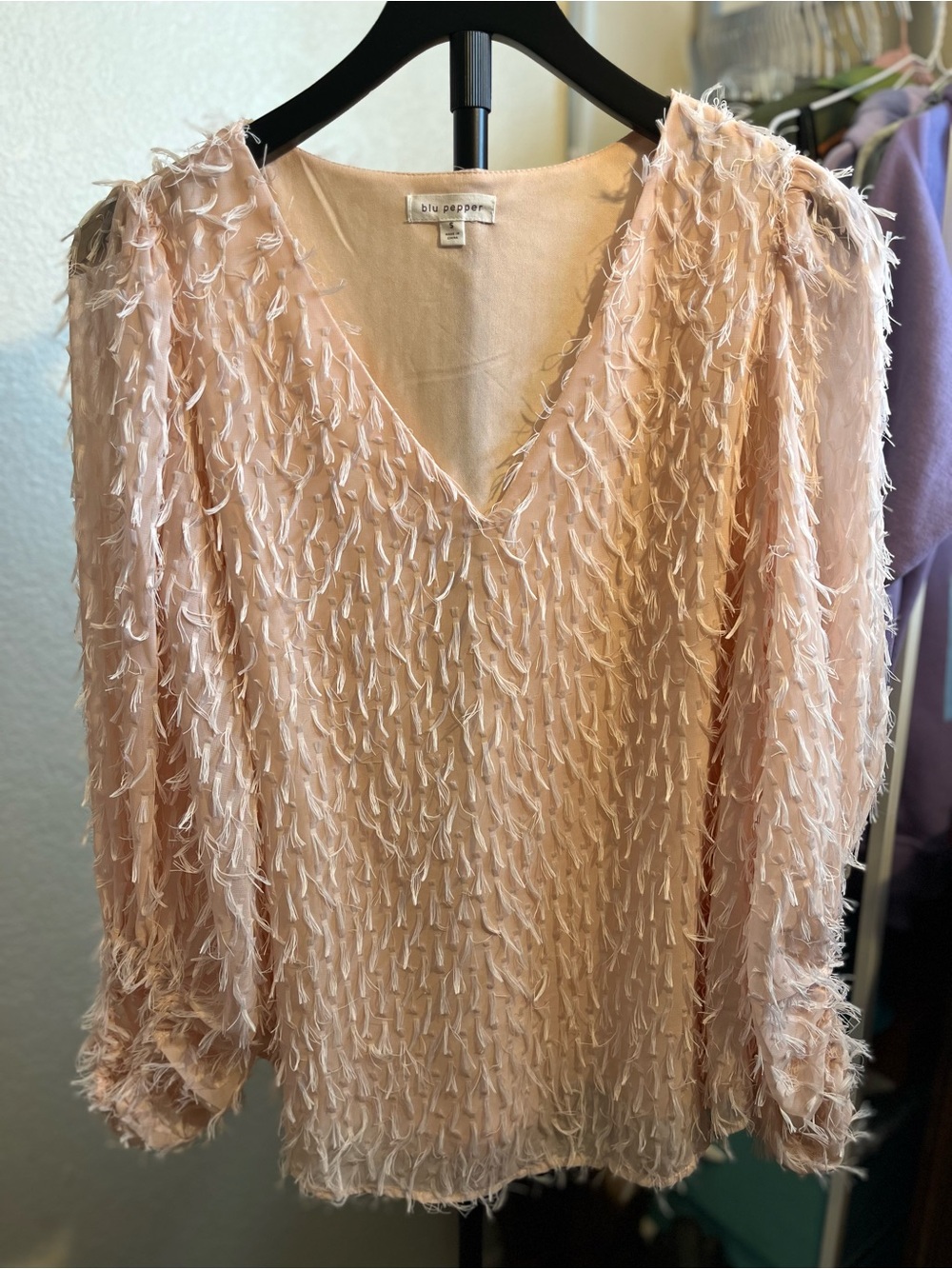 Blu Pepper Light Blush Pink V-Neck Feathered Texture Blouse
